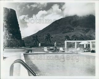 1969 Press Photo Swimming Pool By Old Sugar Mill Nevis Peak St Kitts Caribbean