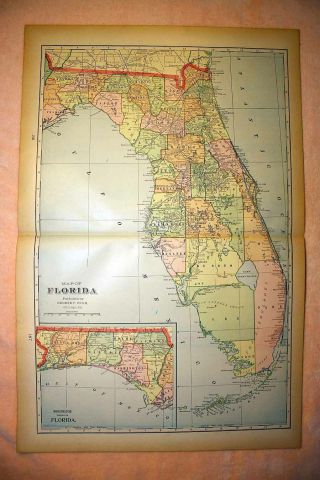 Florida Antique Color Map 1901 State Of Florida Cram 