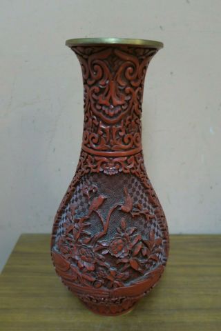 Vintage Chinese Cinnabar Lacquer Finely Carved Vase 12 "