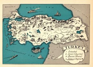 1932 Antique Animated Turkey Map Rare Cartoon Picture Map Of Turkey Blu 7267