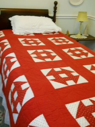 Antique Red And White Quilt Hand Quilted Vintage 64 X 80