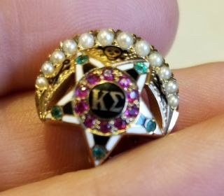 Vintage Signed Kappa Sigma Pin,  10k Gold,  Pearl,  Ruby,  Emerald