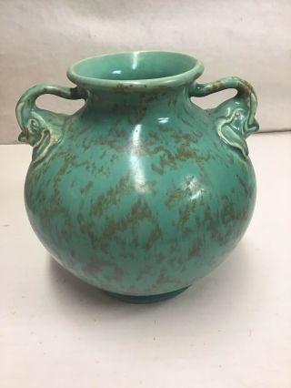 Vintage Red Wing Pottery 6 1/4 Inch Green Vase 215 W/ Elephant Handles