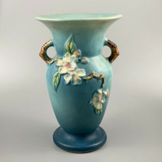 Vintage Roseville Pottery Double Handle Vase Matte Blue Apple Blossom 385 - 8 "
