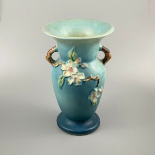 Vintage Roseville Pottery Double Handle Vase Matte Blue Apple Blossom 385 - 8 