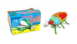 Rare Vintage Noguchi Mechanical Walking Beetle Tin Litho Wind Up Toy - Japan
