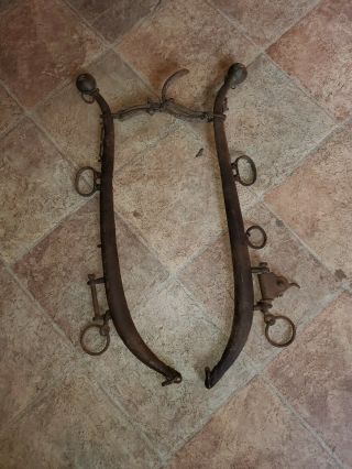 Primitive Antique Pair Iron Horse Harness Collar Yoke 27 " Brass Knobs