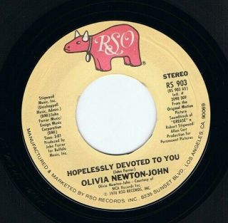 Olivia Newton - John Hopelessly Devoted To You Vinyl Record 7 Inch Rso 1978 Grease