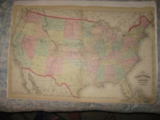 Huge Antique 1872 United States Dated Handcolored Map Territory Texas California