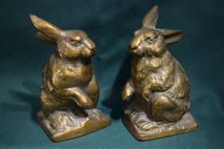 Rare Pair Antique 1930s Bronzed Cast Iron Rabbit Bookends