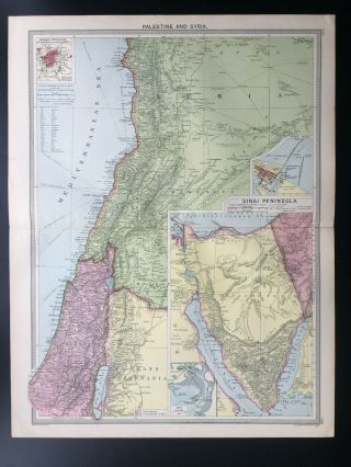 Antique Map Of Palestine Syria Sinai Peninsula Lebanon Damascus Beirut 1926