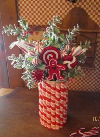 Tall Red/white Peppermint Stripe Vase W/greens.  Red Berries,  Faux Candy