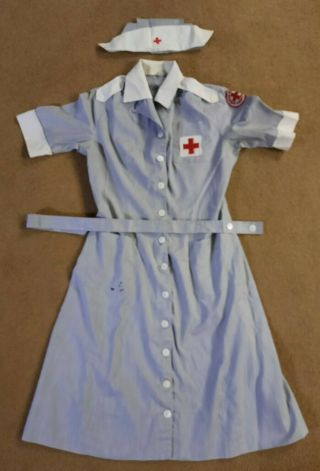Vtg U.  S.  American Red Cross Volunteer Nurse Uniform Dress,  Belt,  & Hat Size 14
