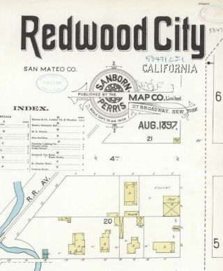 Redwood City,  California Sanborn Map© Sheets 1897with 9 Map Sheets In Color