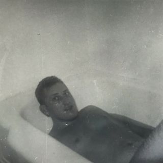 Vintage Black And White Photo Snapshot Man In Bathtub Taking Bath