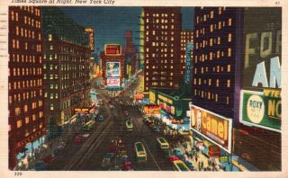 York City,  Ny,  Times Square At Night,  1951 Linen Vintage Postcard A565