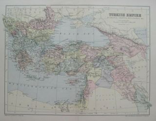 1895 Map Turkish Empire Istanbul Egypt Palestine Cyprus Bosnia Iraq