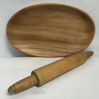 Antique Primitive Rustic Wooden Rolling Pin,  Vintage Hand Carved Wooden Bowl