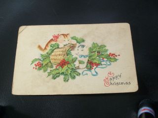 Vintage Postcard - A Happy Christmas - Kittens In A Basket - Stamps