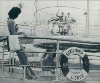 1961 Press Photo Swimming Pool Scene Santa Maria Portuguese Passenger Ship