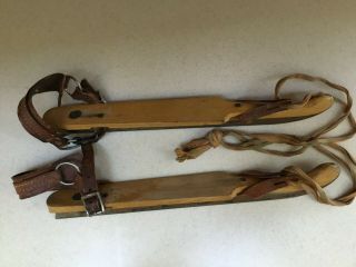 Pair Vintage Wooden Ice Skates W/leather Straps