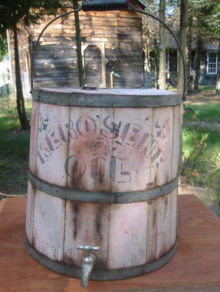 Antique Primitive Wooden Staved Kerosene Oil Bucket With Spigot Can Pail