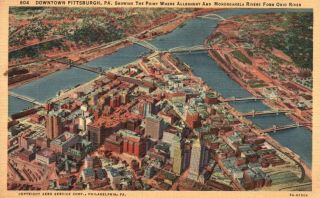 Pittsburgh,  Pa,  Air View Of Downtown & Rivers,  1947 Linen Vintage Postcard A508