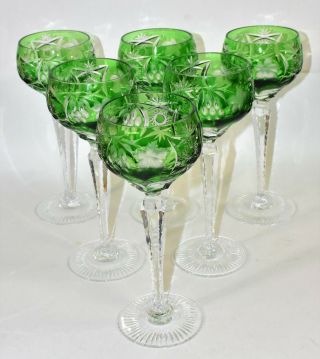 6 Vintage Nachtmann Traube Emerald Green Cased Cut To Clear Crystal Wine Goblets