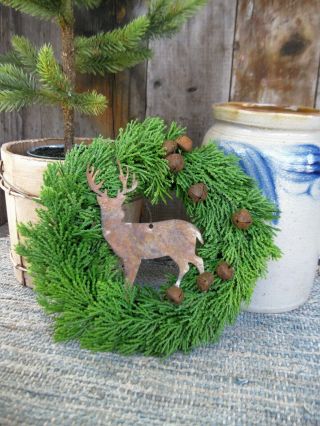 Primitive Christmas Wreath With Tin Reindeer