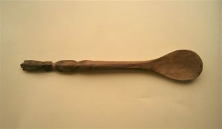 Antique Primitive Wooden Totem Spoon Hand Carved Handle Vintage 14 "