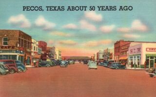 Pecos,  Tx,  Oak Street North " About 50 Years Ago ",  Linen Vintage Postcard A149