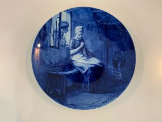 Vtg Royal Delft Ceramic Charger With Woman Sewing Decorations By Albert Neuhuys