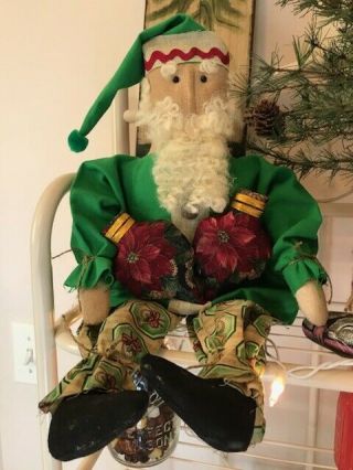 Primitive Christmas Santa Doll Green Flannel Vintage French Horn Ornaments Wool