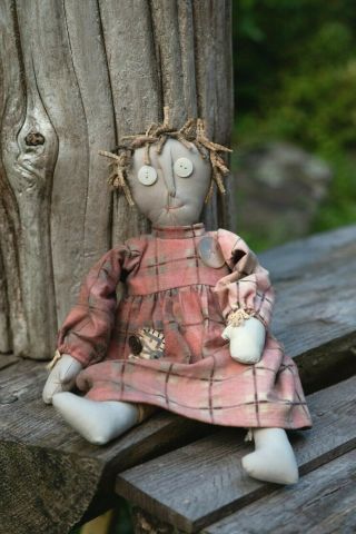 Vintage Primitive Folk Art Rag Doll 17 " Signed