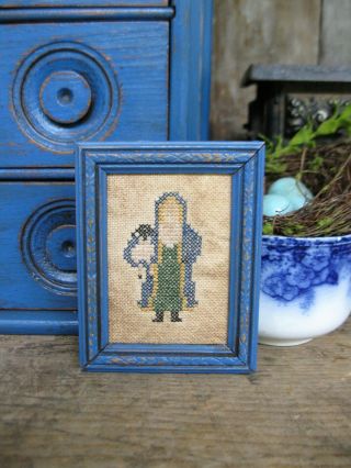 Small Santa And Lamb Cross Stitch On Linen Antique Wood Frame
