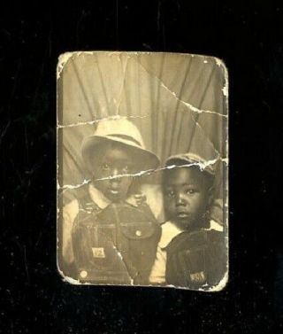 Vintage Photo Booth African American Children In Overalls Look Surprised