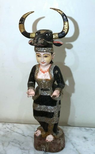 Vintage Southeast Asia Painted Wood Statue Of Female In Bull Headdress