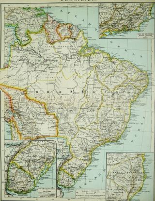 1895 Antique Map Of Brazil.  Brasil.  Rio De Janeiro.  Sao Paulo.  South America.