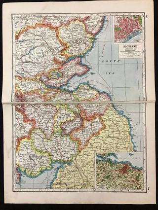 Vintage Map 1920 Scotland (east) / Inset Of Edinburgh - Harmsworth 