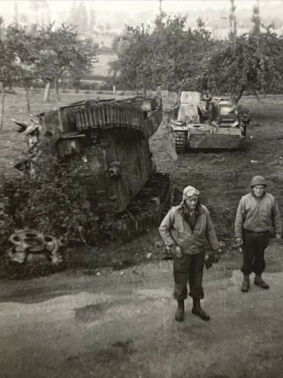 Army Soldiers By Bombed Out Tank 1944 Wwii Black & White Snapshot Photo