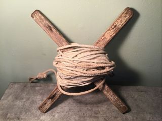 Vintage Antique Wooden Clothesline Winder With Rope,  Laundry Decor