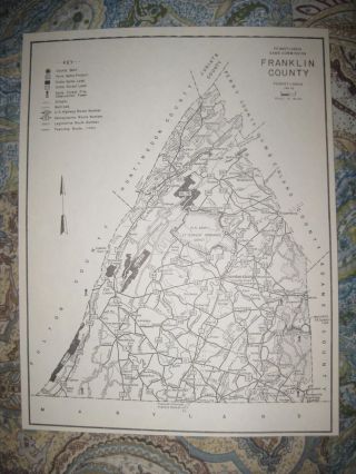 Antique 1962 Franklin County Pennsylvania Hunting Fishing Map Highway Rare Nr