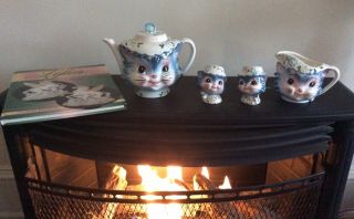 Vintage Lefton Miss Priss Kitty Cat Teapot,  Salt Pepper Shakers,  Creamer,  Book