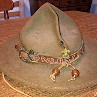 Vintage Vtg Felt Official Boy Scouts Of America Bsa Hat With Tooled Leather Band