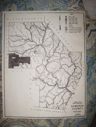 Antique 1961 Cameron County Pennsylvania Hunting Fishing Map Highway Rare Nr