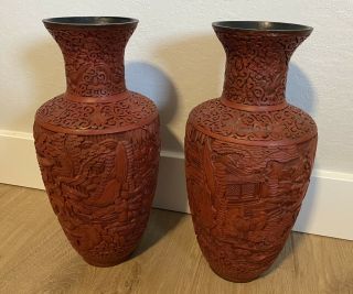 Large Antique Vintage Asian Chinese Red Lacquer Cinnabar Vases 14.  25”