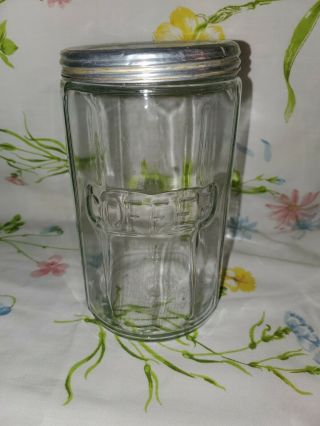 Antique Primitive Hoosier Paneled Glass Coffee Jar Canister With Aluminum Lid