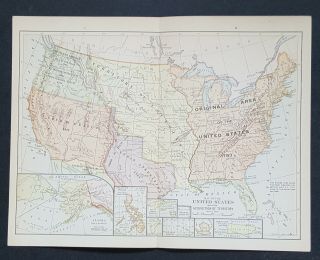 Vintage Map Of Us Showing Acquisition Of Territory Color Ca.  1900 8 " X 11 " Bormay