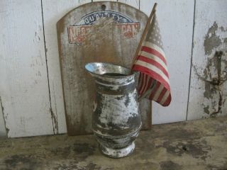 Old Primitive White Blue Paint Tin Pitcher With Handle Great Find Aafa