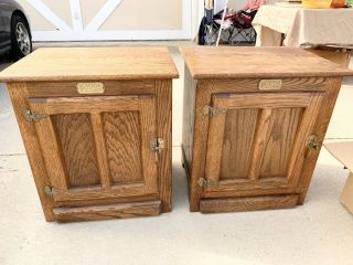 Pair Vintage White Clad Ice Box Oak Side End Night Table Stand Storage Cabinets